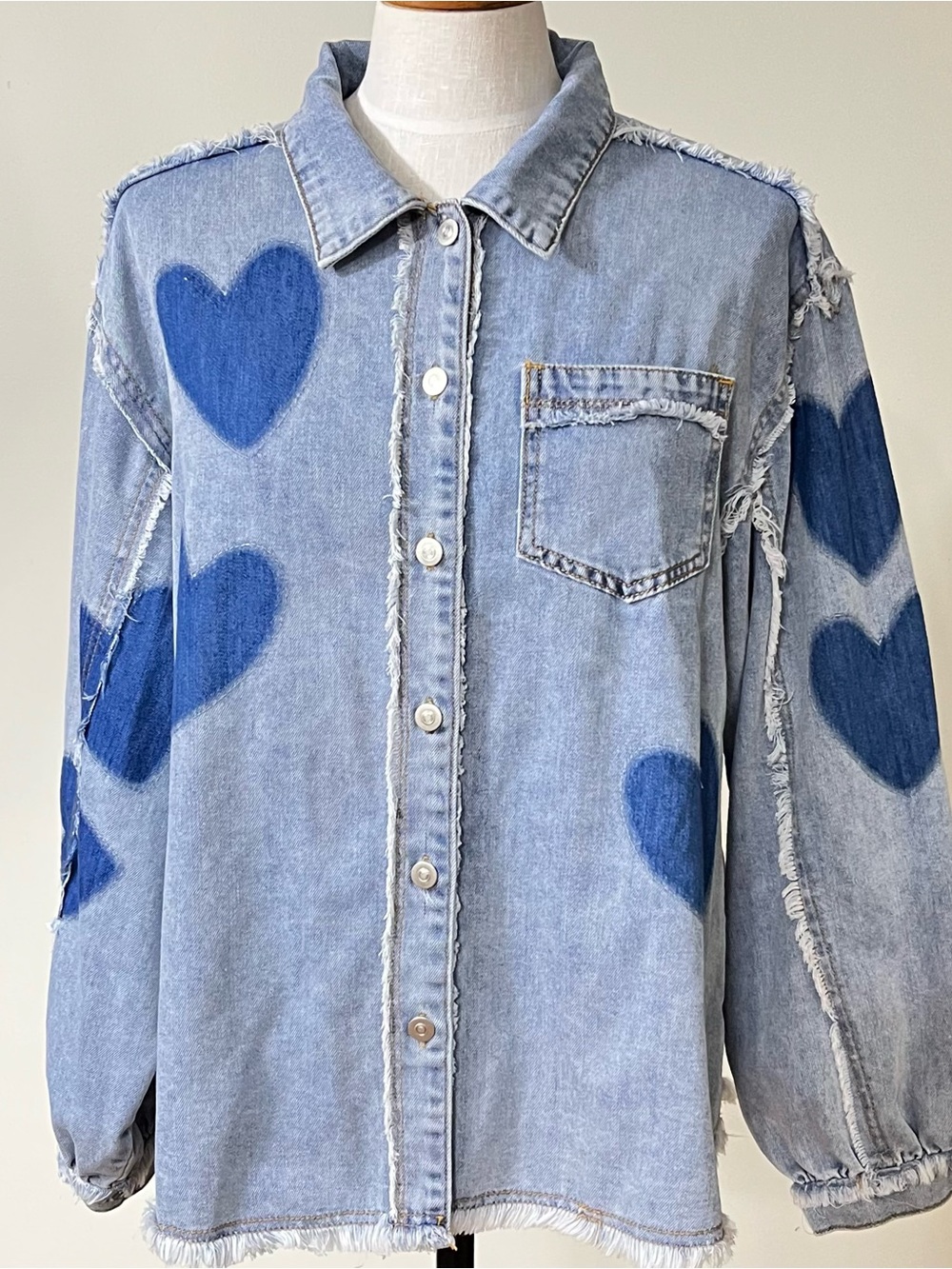 POL Light Blue Denim Shirt with Dark Blue Heart Motifs - Picture 7 of 7